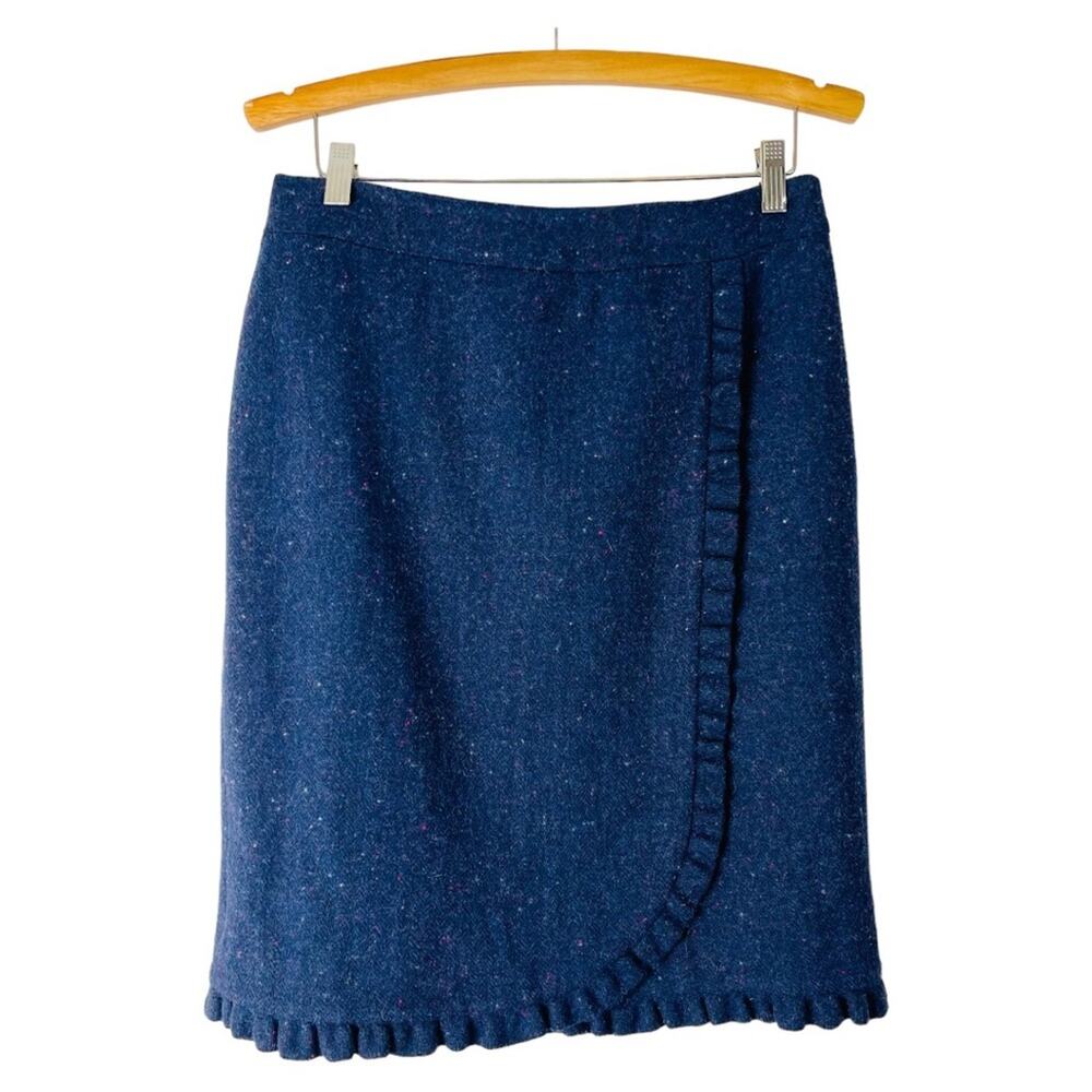 Talbots blue speckled wool ruffle preppy office midi skirt 6